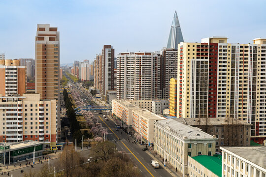 Pyongyang city view from Arch of Triumph. Cherry blossoms. Ryomyong St, Moranbong St, Sungri St, Kaeson subway, Kaeson Cinema, unfinished Ryugyong Hotel.