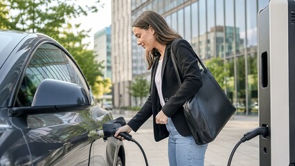 Obraz premium Charging an Electric Car: A woman in business attire plugs an electric vehicle into a charging station, showcasing modern sustainable transportation in an urban environment.