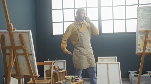 Man painter in apron holding smartphone to ear and gesturing with free hand in studio; thoughtful pause.