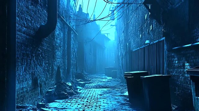 Dark alleyway with trash bins and misty atmosphere