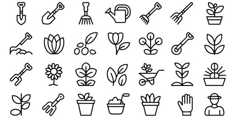Gardening tools and plants icons, shovel rake watering can flower pot seedling © MdOmar
