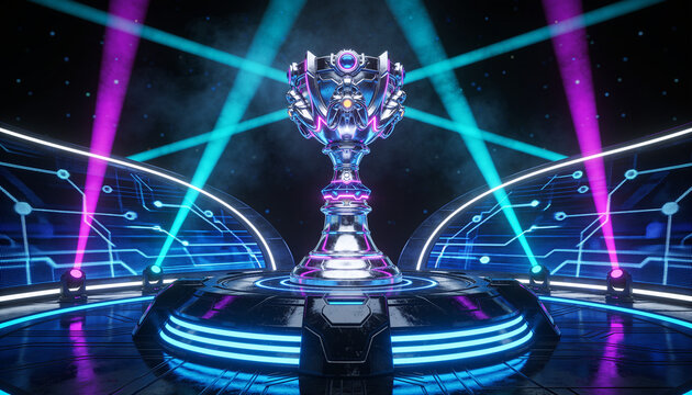 esports trophy on gaming stage, neon lights, championship cup, tournament award, cyber podium, sci-fi arena, neon stage, gaming, victory prize