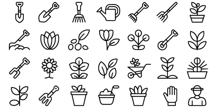 Gardening tools and plants icons, shovel rake watering can flower pot seedling