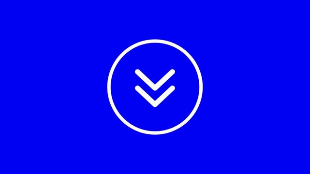 Animated downward arrow icons in a white circle on a solid royal blue background representing navigation selection download or scrolling action motion graphic animation for ui design elements