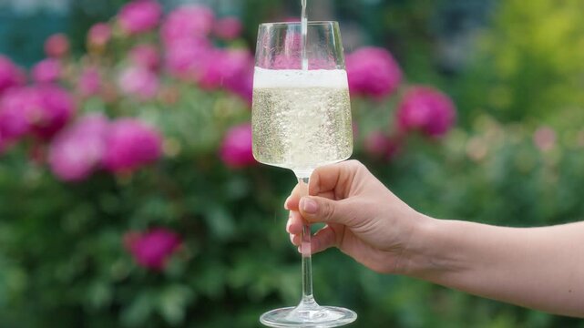 Woman Enjoying White Wine During Luxury Outdoor Experience. Wedding Reception