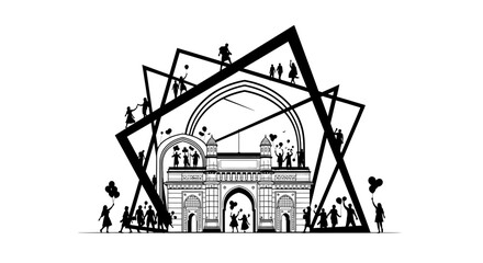 Fototapeta premium Abstract Archway with Silhouettes of People and Balloons