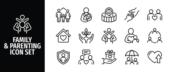 Family parenting icon set outline vector icons for family life, childcare, love, and relationships simple linear symbols for web and mobile apps