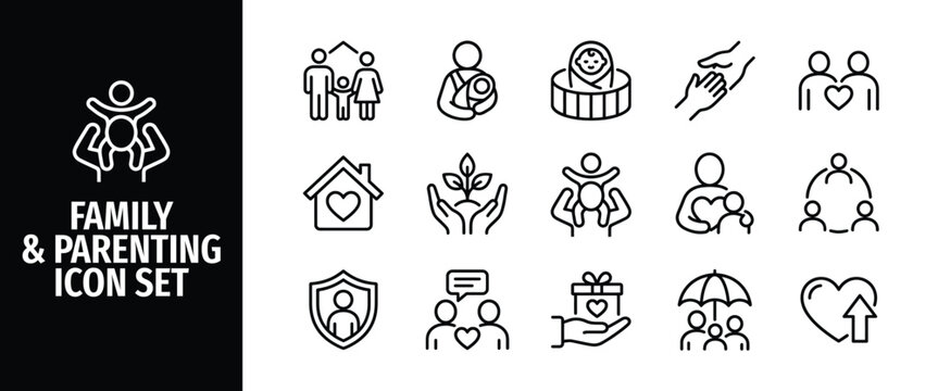 Family parenting icon set outline vector icons for family life, childcare, love, and relationships simple linear symbols for web and mobile apps