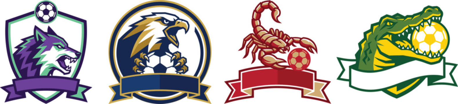 Various sport soccer logos with animal mascots wolf eagle scorpion alligator and banners for teams.