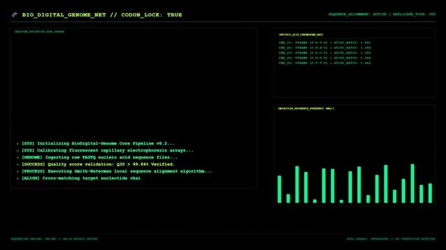 Sci fi bio digital genome net UI screen showing green DNA sequencing alignment logs and molecular resonance frequency graph.