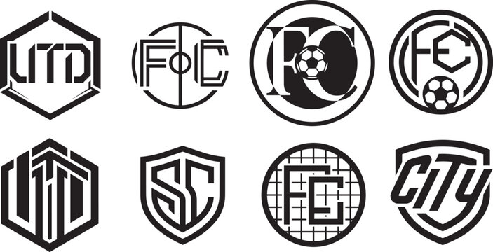 Modern collection of sports club emblems featuring u t d and f c initials in distinct circular shield and hexagonal shapes.
