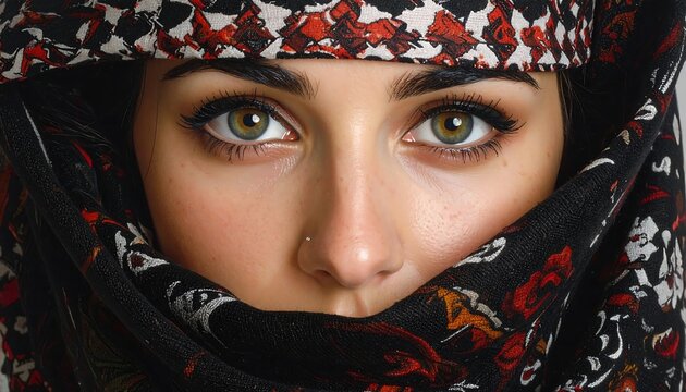 Close-up of a person's face. Eyes are the focus, intense, with eyeliner. A patterned cloth covers part of the face and head