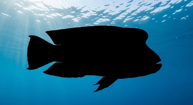 Silhouette of a large, dark fish swimming underwater with sunbeams illuminating the blue ocean.