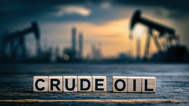 Close-up of wooden blocks spelling CRUDE OIL with blurred pumpjacks and refinery skyline at sunset &mdash; conceptual energy market image representing fossil fuel industry and price volatility