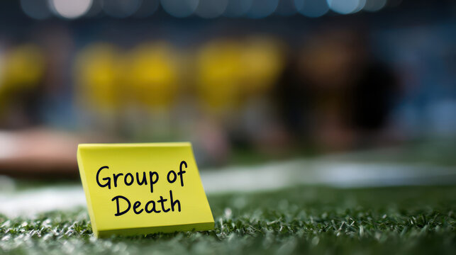 Yellow sticky note reading "Group of Death" placed on soccer pitch turf with blurred stadium crowd and lights conveying tournament drama, tension and strategy