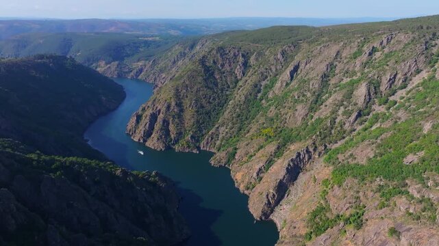 Sil River Valley Near Vilouxe Town In Ribeira Sacra Region Of Galicia, Spain. Aerial Drone Shot