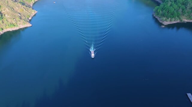 Cruise Ship Sailing Along Sil River Canyon Near Embarcadero de Santo Estevo In Galicia, Spain. Aerial Shot