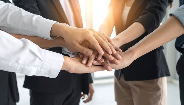 Close-up of a group of hands, representing unity and teamwork, piled together with sunlight in the background