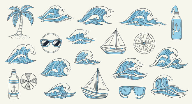 Hand-drawn ocean waves, sailboat, sunglasses, palm tree, drink icons
