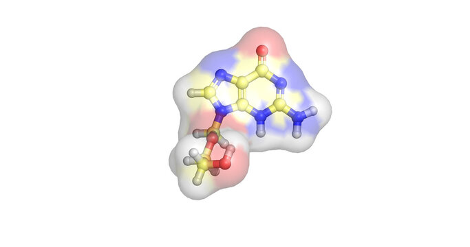 Acyclovir, antiviral agent drug molecule for herpes simplex virus treatment, 3D molecule 4K