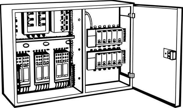 Open industrial electrical control panel with circuit breakers