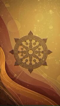 Golden dharmachakra symbol on abstract wavy background. Buddhist wheel of dharma for meditation and spiritual practice. Religious symbol design for peace concept. Vertical video