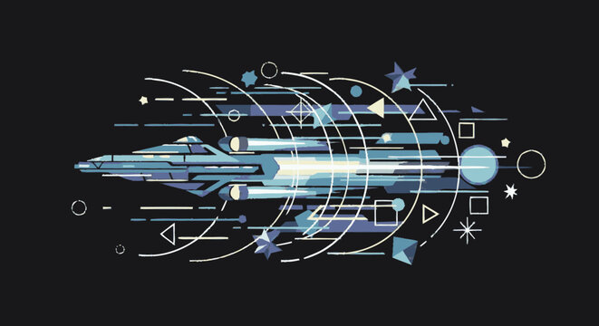 Stylized blue and purple futuristic starfighter flying through abstrac