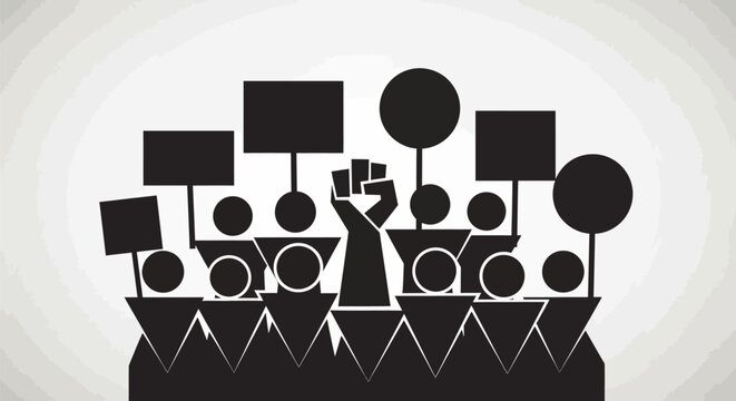 Protest Crowd Silhouette With Raised Fist And Signs.