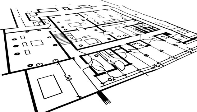 Black and white architectural floor plan with electrical wiring schematic
