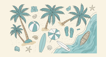 Obraz premium Tropical Beach Scene Elements: Palm Trees, Surfboards, Umbrella, Flip Flops