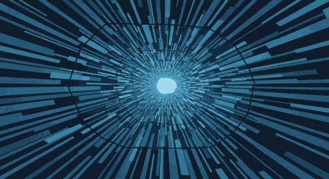 Flat vector abstract dark blue cyber tunnel illustration with radiatin