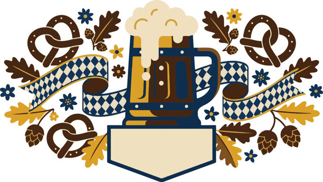 Oktoberfest german festival elements with beer mug pretzel and ribbon