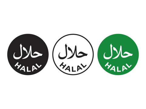 Three Halal certification logos in different color variations: black, white, and green circles with Arabic and English text.