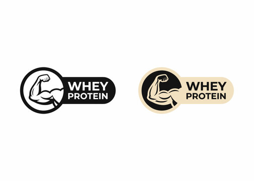 Two distinct logos for whey protein, featuring a flexing bicep arm icon symbolizing strength and muscle, one in black and white, the other in black and beige.