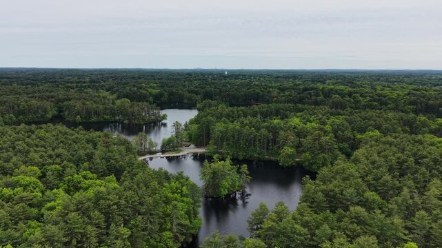 Road crossing Harold Parker State Forest, Boston skyline in background, Andover, Massachusetts. Aerial drone descending