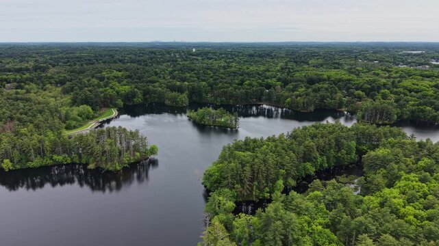 Harold Parker State Forest with Boston Skyline on horizon, Andover, Massachusetts, USA. Aerial drone panoramic view