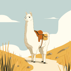 Naklejka premium Alpaca with Leather Pack on Mountain Trekking Trail