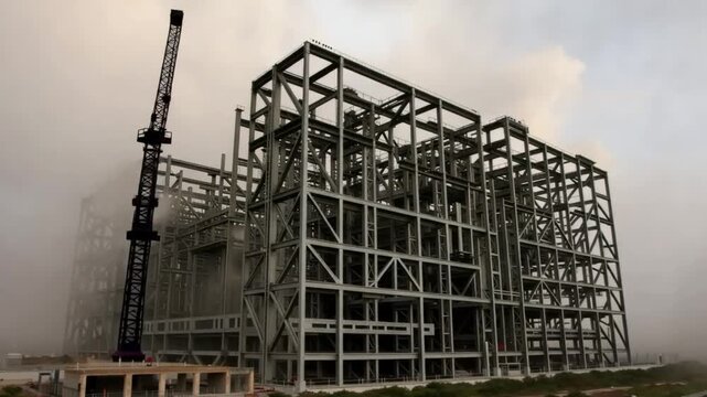 Construction site steel framework assembly timelapse video