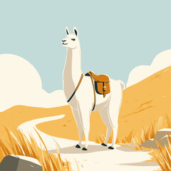 Naklejka premium Alpaca with Leather Pack on Mountain Trekking Trail
