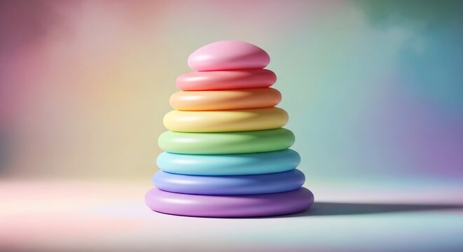 Colorful ring stack toy with pastel gradient background.