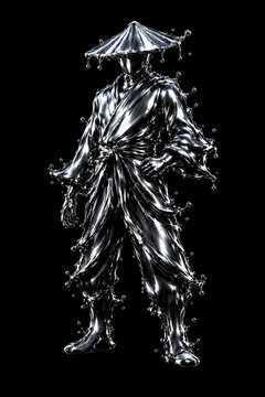 Futuristic liquid chrome ninja samurai warrior with dynamic water splashes on black background