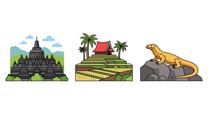 Iconic Indonesian Landmarks and Wildlife: Borobudur Temple, Rice Terraces, and Komodo Dragon