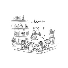Obraz premium Calm Llama Reading a Book to Children in a Sunlit Library
