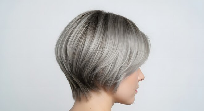 Woman with modern gray bob haircut and subtle highlights