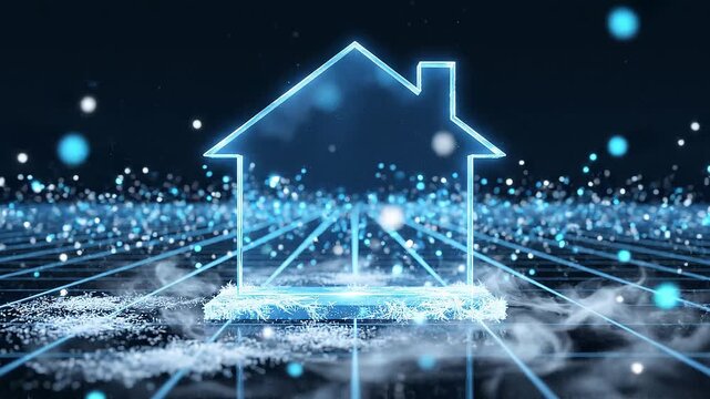 Smart home digital network with glowing house icon and data lines