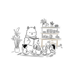Obraz premium Calm Llama Reading a Book to Children in a Sunlit Library