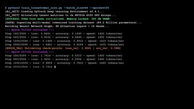 Sci fi python terminal screen showing green artificial intelligence transformer model training logs with deep learning epoch metrics.