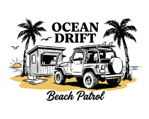 Beach club. Endless summer artwork. Tropical vintage design. Ocean drift beach patrol. Off road car surf print for t shirt poster sticker. © rahel lila