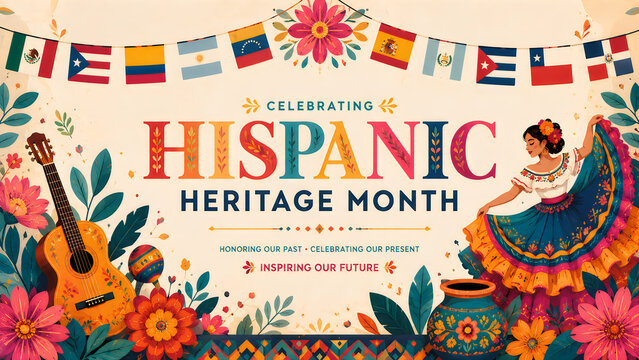 Celebration Hispanic Heritage Month colorful festive banner with cultural elements and floral decorations