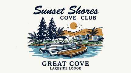 Sunset shores cove club. Great cove lakeside lodge vintage print design for t shirt. Tropical lake adventure. Endless summer artwork. Explore more. © rahel lila